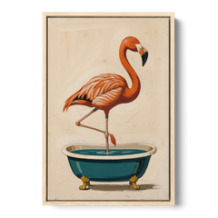 Quirky Bathroom Wall Art Flamingo in a Clawfoot Tub - Oak Framed Canvas Wall Art - Front