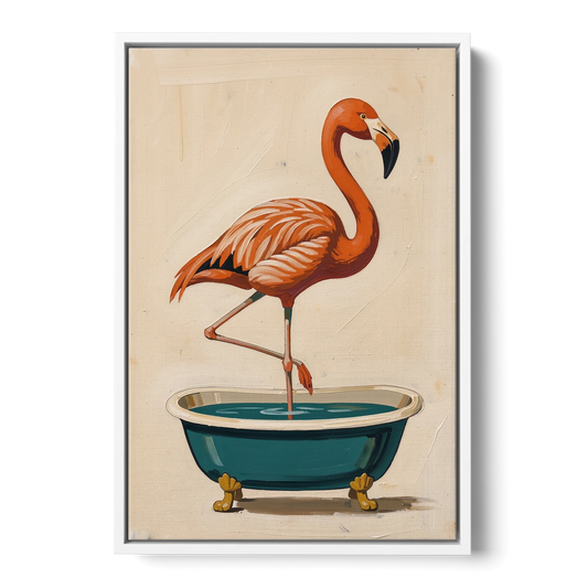 Quirky Bathroom Wall Art Flamingo in a Clawfoot Tub - White Framed Canvas Wall Art - Front