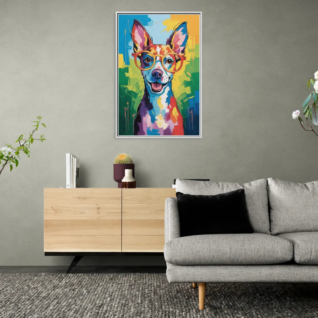 Quirky Dog with Glasses - Living Room White Frame Canvas