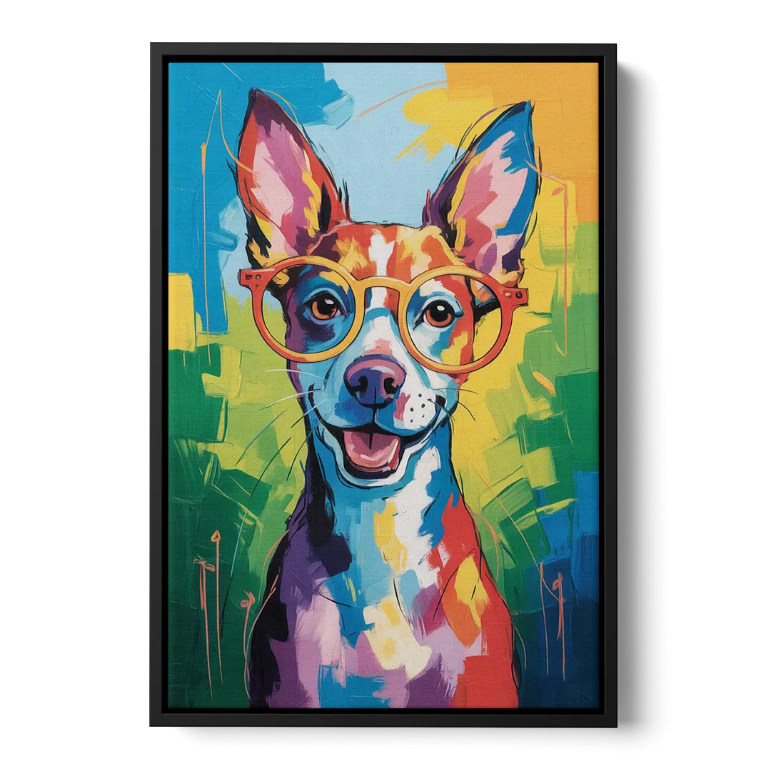 Quirky Dog with Glasses Front - Black Canvas Wall Art