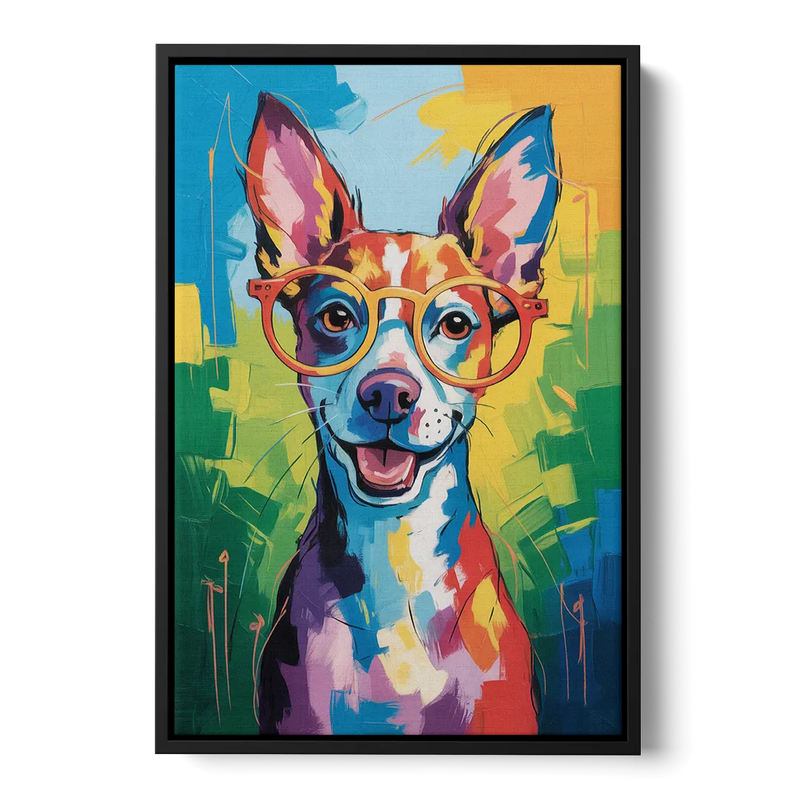 Quirky Dog with Glasses Front - Black Canvas Wall Art
