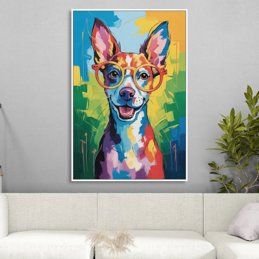 Quirky Dog with Glasses Sitting Room - White Canvas Wall Art