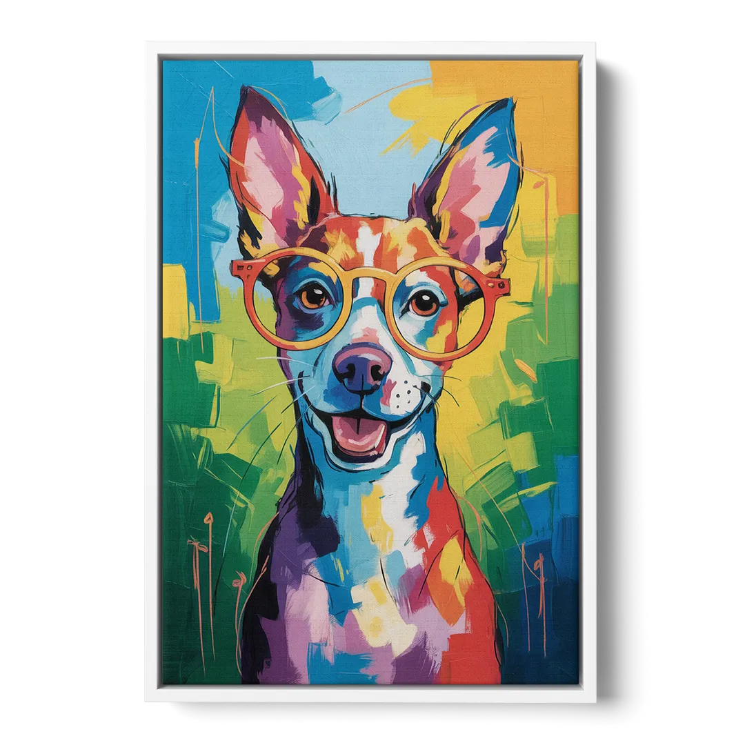 Quirky Dog with Glasses - White Frame Canvas