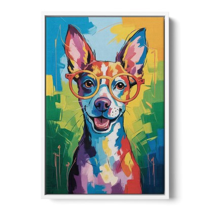 Quirky Dog with Glasses - White Frame Canvas