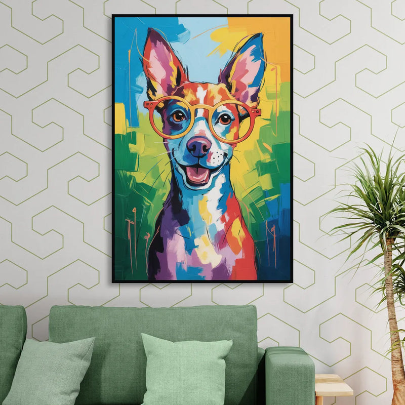 Quirky Dog with Glasses Living Room - Black Canvas Wall Art