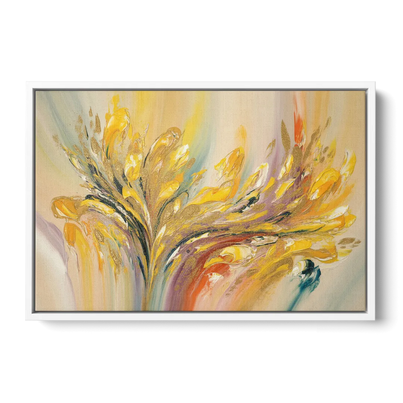 Radiant Flowing Forms Yellow Abstract Front - White Canvas Wall Art