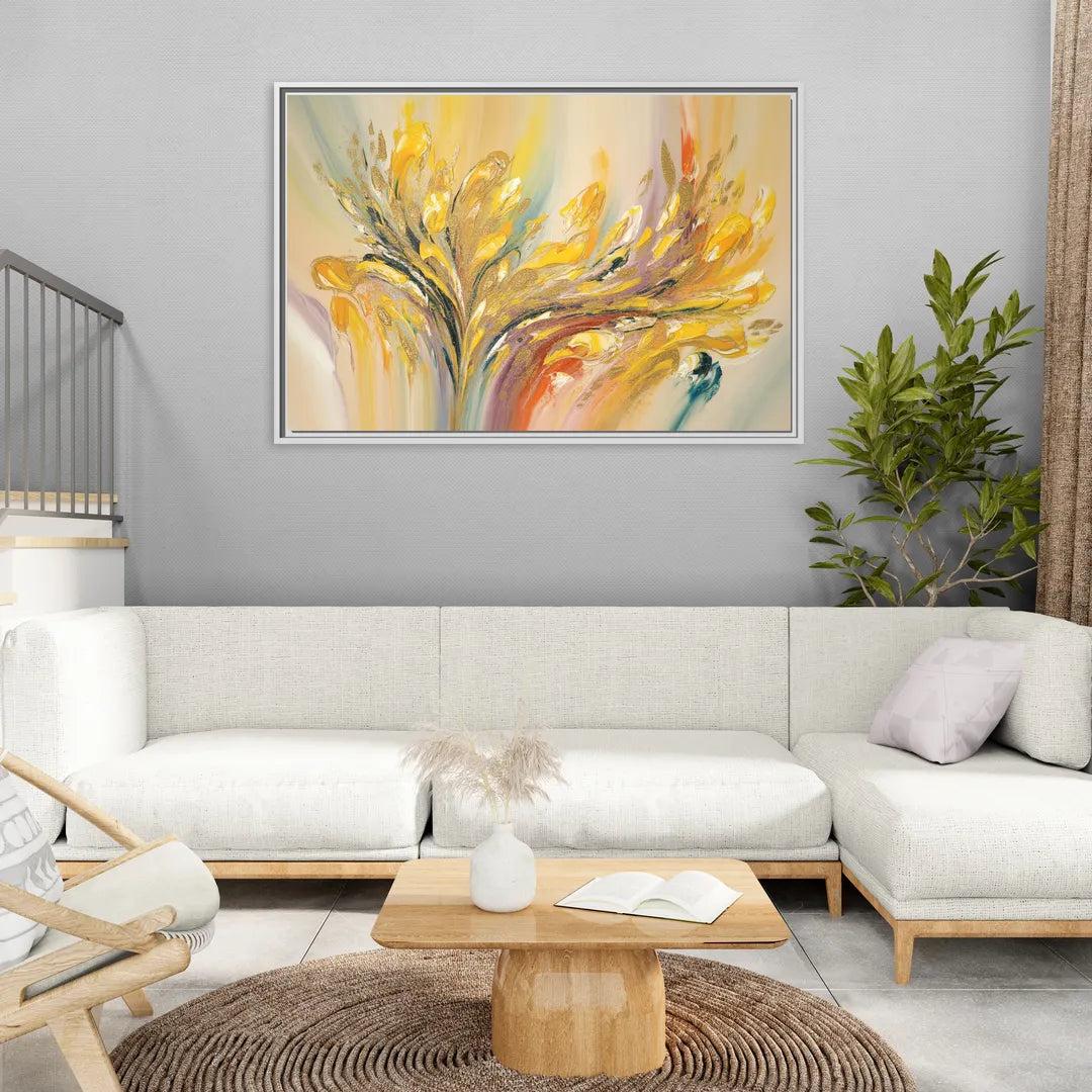 Radiant Flowing Forms Yellow Abstract - Living Room White Frame Canvas