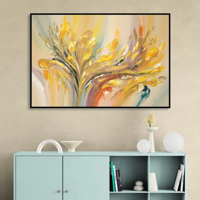 Radiant Flowing Forms Yellow Abstract Sitting Room - Black Canvas Wall Art