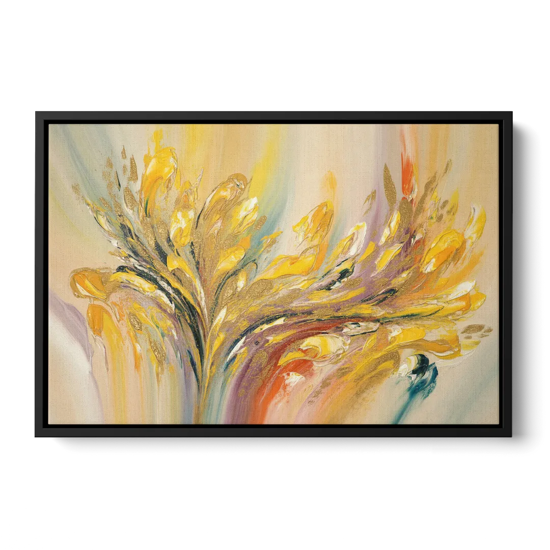 Radiant Flowing Forms Yellow Abstract - Black Frame Canvas