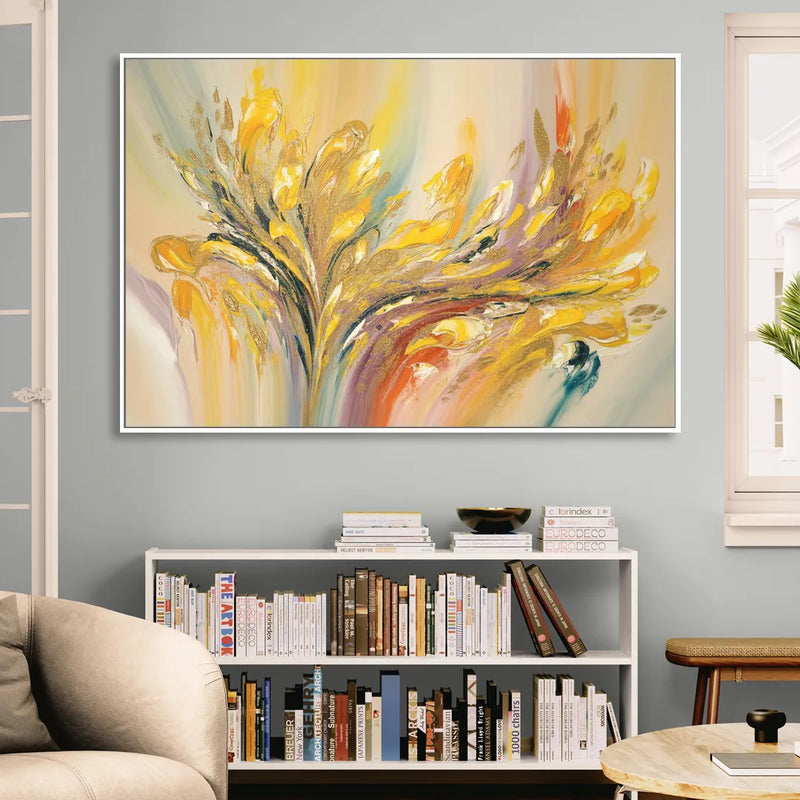Radiant Flowing Forms Yellow Abstract Living Room - White Canvas Wall Art