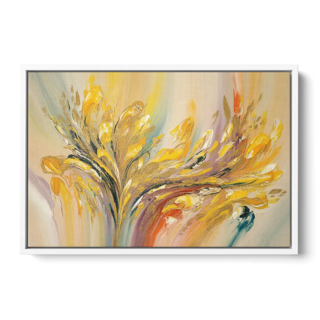 Radiant Flowing Forms Yellow Abstract - White Frame Canvas
