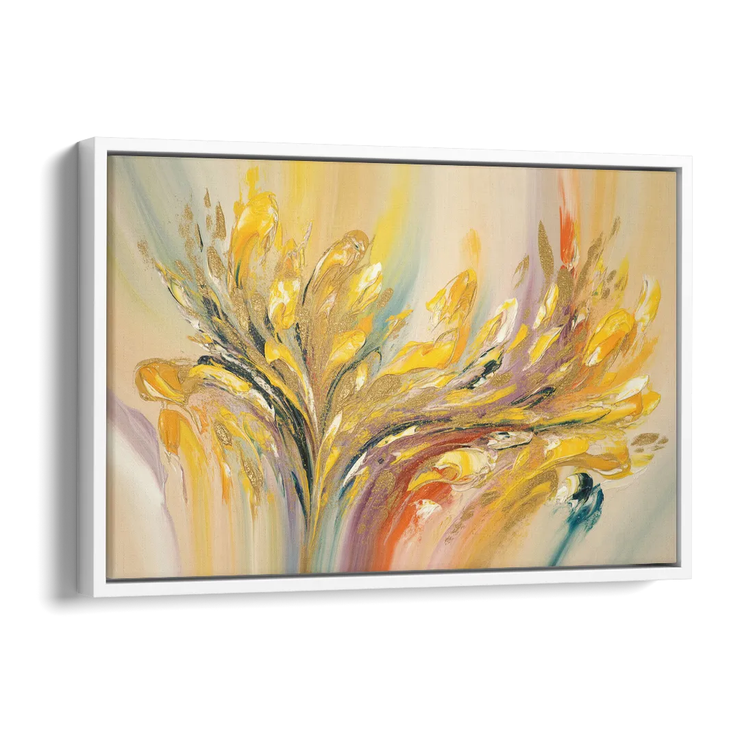 Radiant Flowing Forms Yellow Abstract Side - White Canvas Wall Art