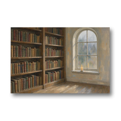 Rain Streaked Arched Window by Library Bookshelves - Canvas Wall Art - Front