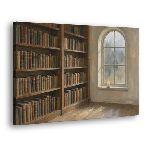 Rain Streaked Arched Window by Library Bookshelves - Canvas Wall Art - Side