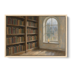 Rain Streaked Arched Window by Library Bookshelves - Oak Framed Canvas Wall Art - Front