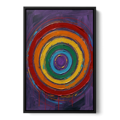 Rainbow Concentric Ring Mandala with Paint Drips - Black Framed Canvas Wall Art - Front