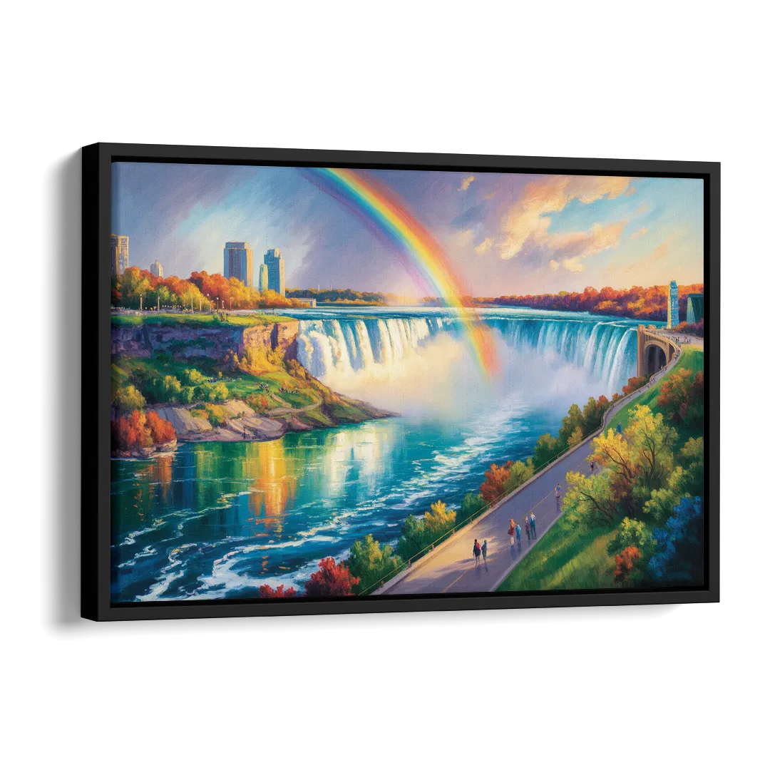 Rainbow Over Niagara Falls Side - Black Canvas Wall Art