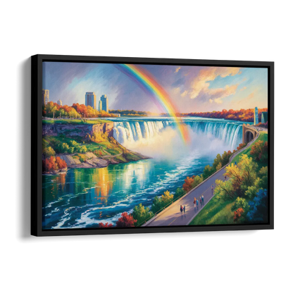 Rainbow Over Niagara Falls Side - Black Canvas Wall Art