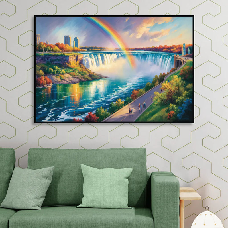 Rainbow Over Niagara Falls Living Room - Black Canvas Wall Art