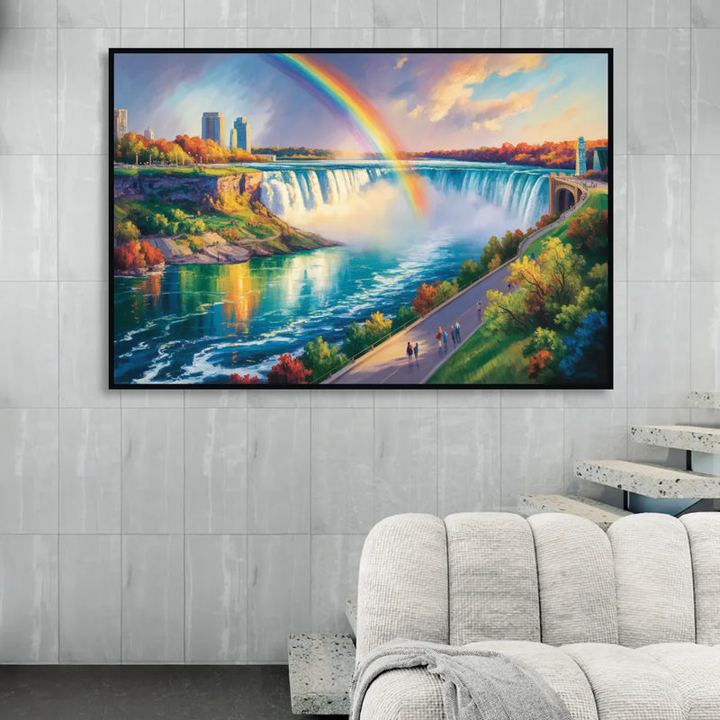 Rainbow Over Niagara Falls Sitting Room - Black Canvas Wall Art
