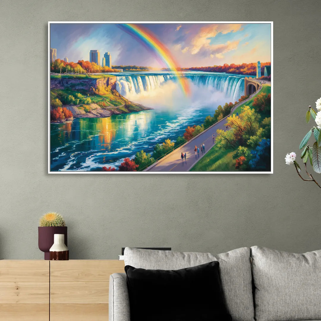 Rainbow Over Niagara Falls Living Room - White Canvas Wall Art