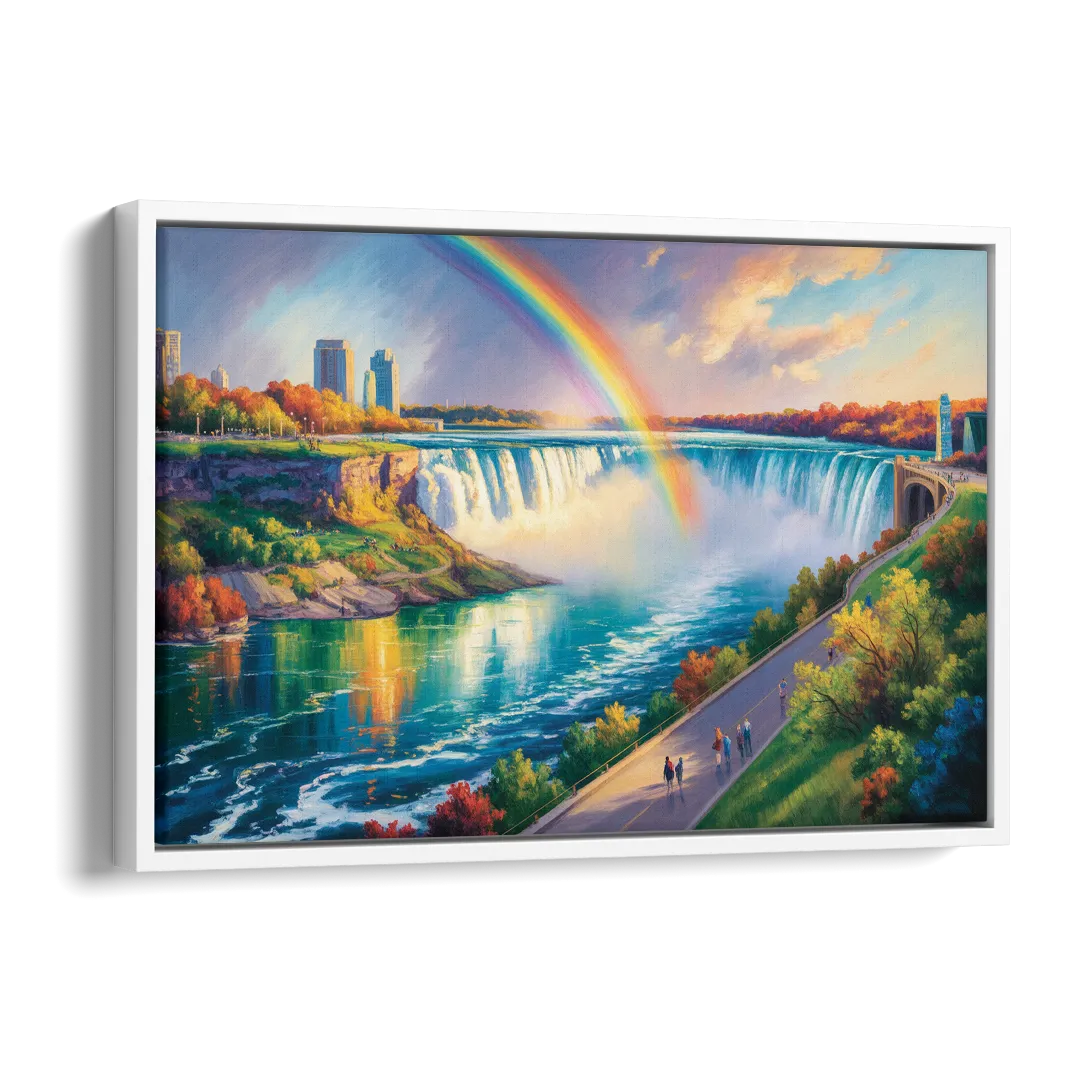 Rainbow Over Niagara Falls Side - White Canvas Wall Art
