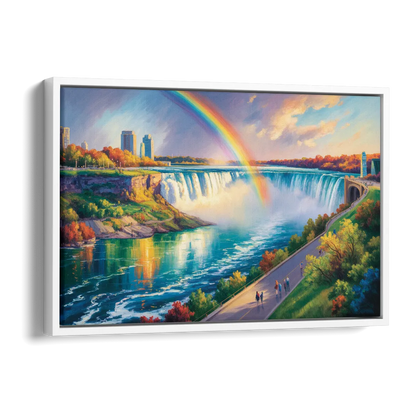 Rainbow Over Niagara Falls Side - White Canvas Wall Art