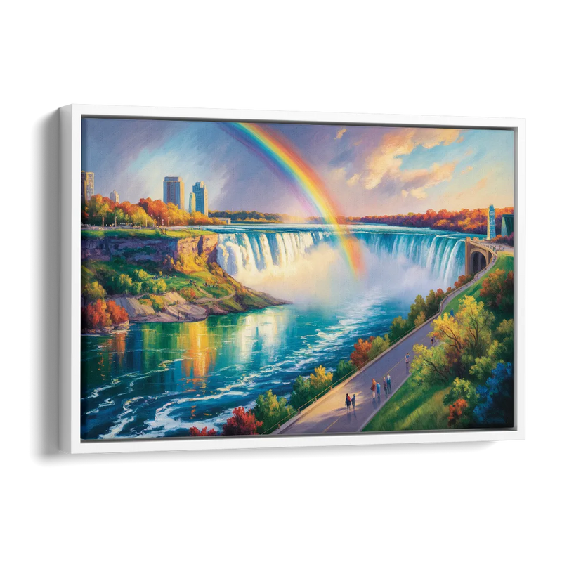 Rainbow Over Niagara Falls Side - White Canvas Wall Art