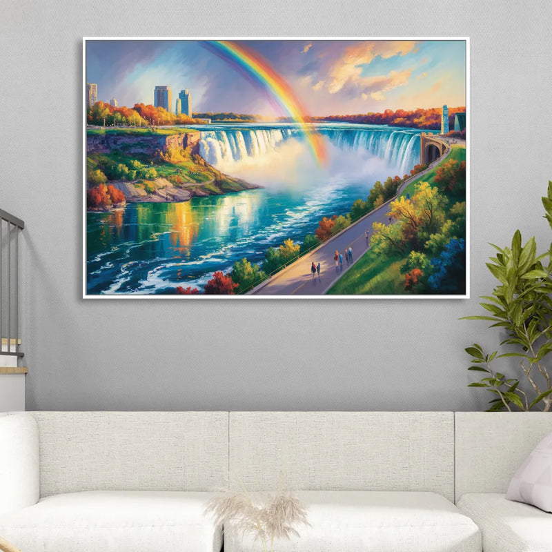 Rainbow Over Niagara Falls Sitting Room - White Canvas Wall Art