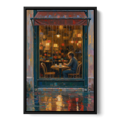 Rainy Cafe Painting of a Lone Window Table - Black Framed Canvas Wall Art - Front