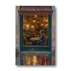 Rainy Cafe Painting of a Lone Window Table - Canvas Wall Art - Front
