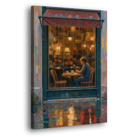 Rainy Cafe Painting of a Lone Window Table - Canvas Wall Art - Side