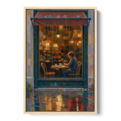 Rainy Cafe Painting of a Lone Window Table - Oak Framed Canvas Wall Art - Front