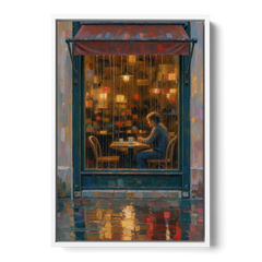 Rainy Cafe Painting of a Lone Window Table - White Framed Canvas Wall Art - Front