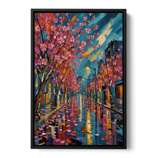 Rainy Sakura Street in Expressive Style - Black Framed Canvas Wall Art - Front