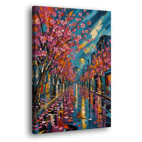 Rainy Sakura Street in Expressive Style - Canvas Wall Art