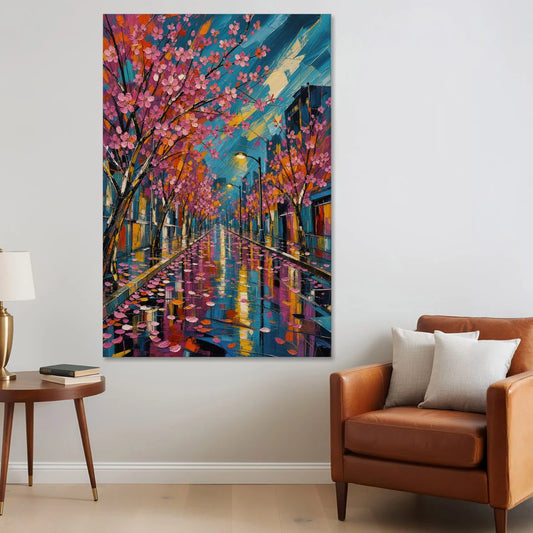 Rainy Sakura Street in Expressive Style - Canvas Wall Art - Sofa - 40x60