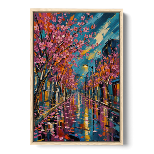 Rainy Sakura Street in Expressive Style - Oak Framed Canvas Wall Art - Front
