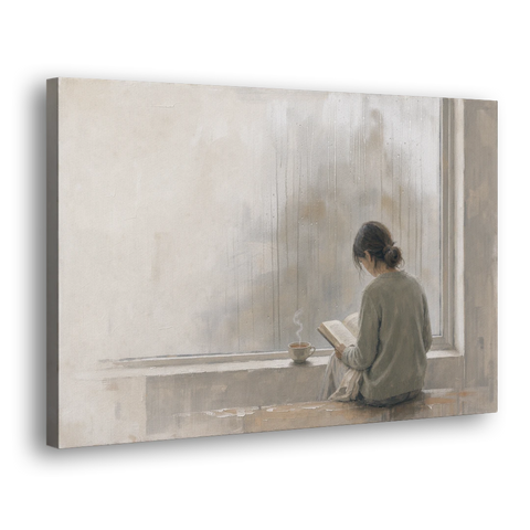 Rainy Window Painting with Tea on the Sill - Canvas Wall Art - Side