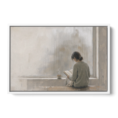 Rainy Window Painting with Tea on the Sill - White Framed Canvas Wall Art - Front
