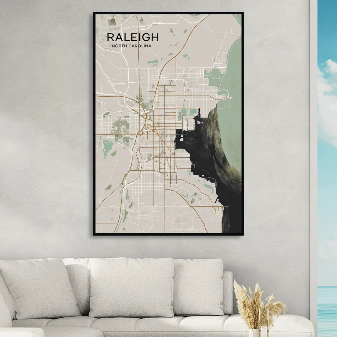 Raleigh City Map Design Sitting Room - Black Canvas Wall Art