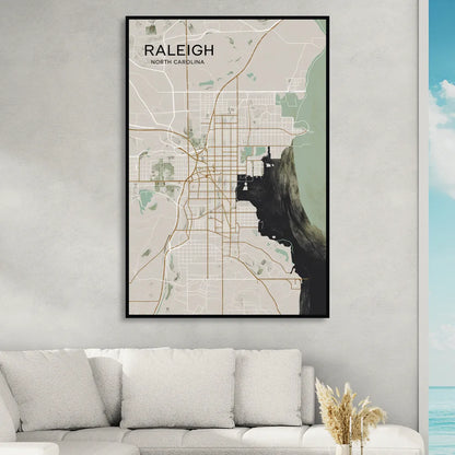 Raleigh City Map Design Sitting Room - Black Canvas Wall Art