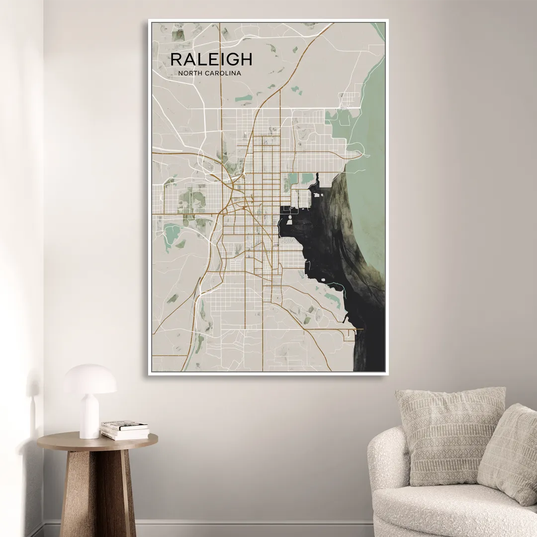 Raleigh City Map Design Living Room - White Canvas Wall Art