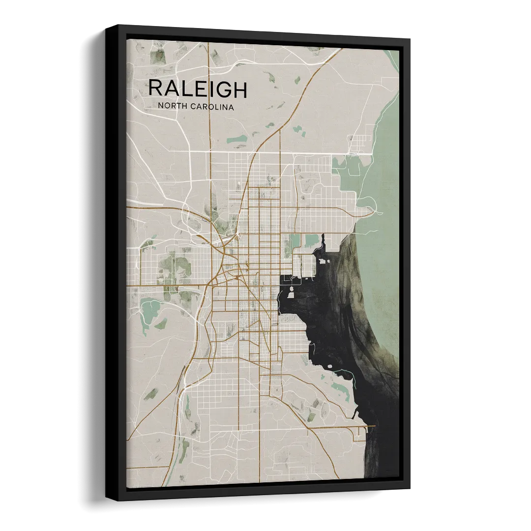 Raleigh City Map Design Side - Black Canvas Wall Art