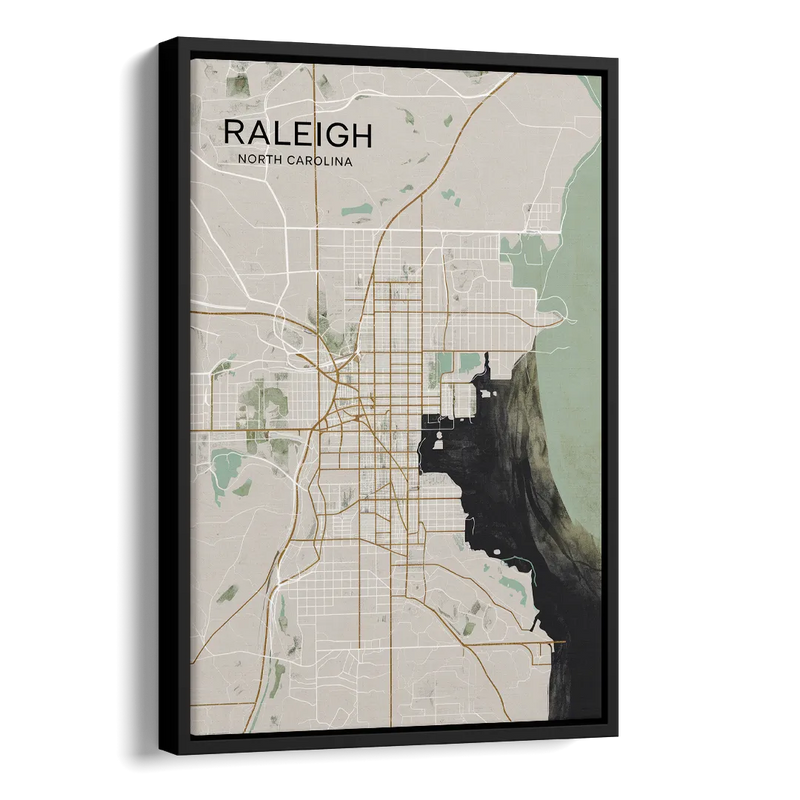 Raleigh City Map Design Side - Black Canvas Wall Art
