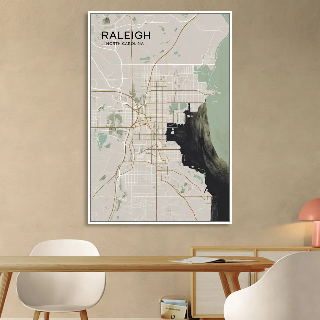 Raleigh City Map Design Sitting Room - White Canvas Wall Art