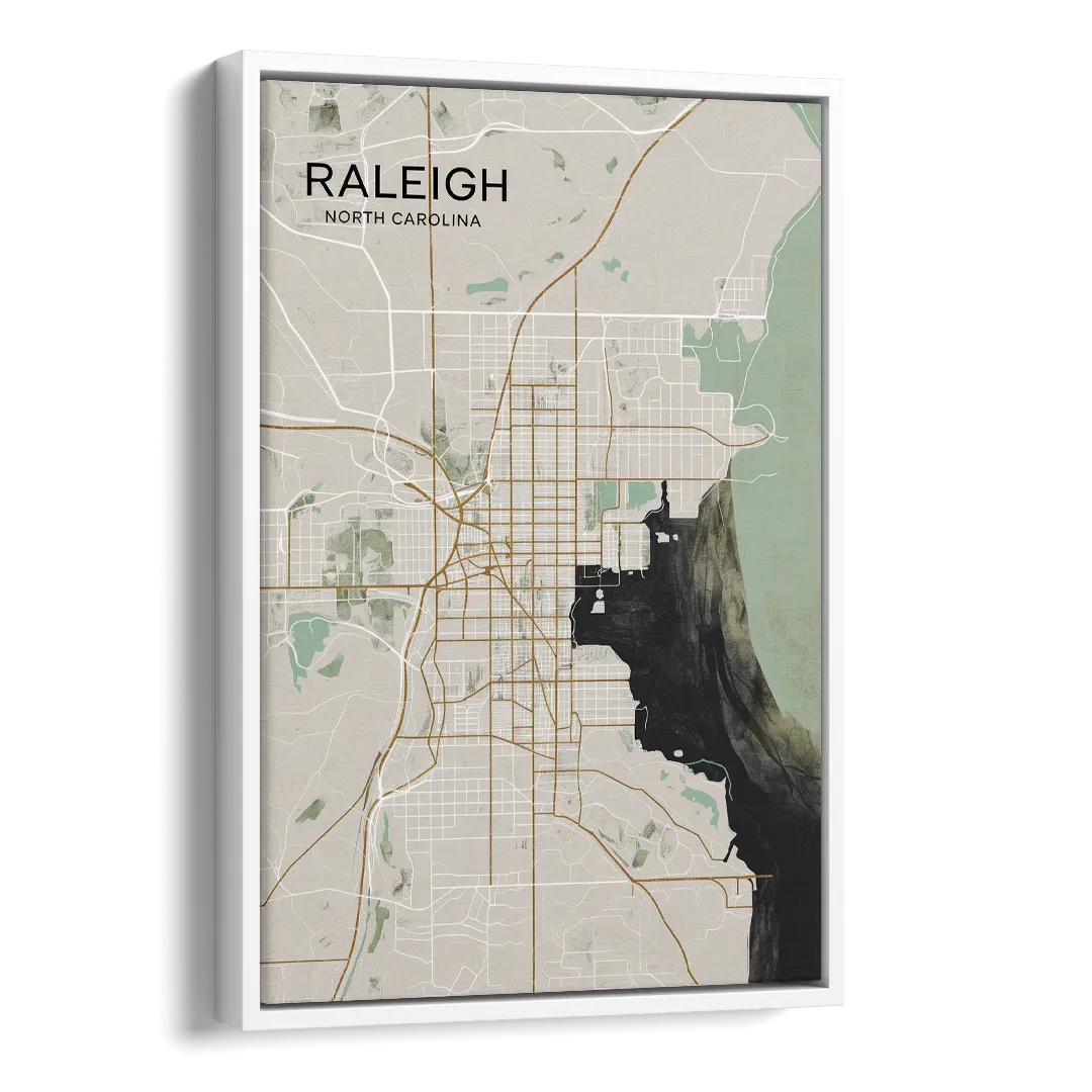 Raleigh City Map Design Side - White Canvas Wall Art