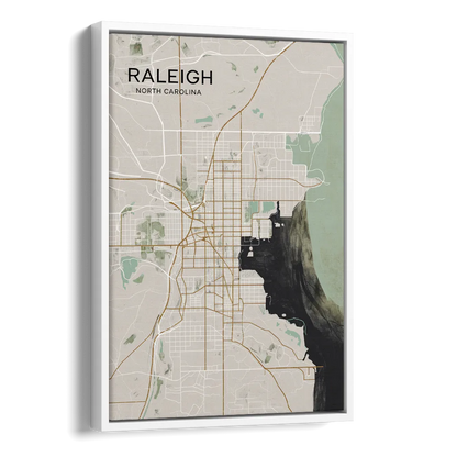 Raleigh City Map Design Side - White Canvas Wall Art