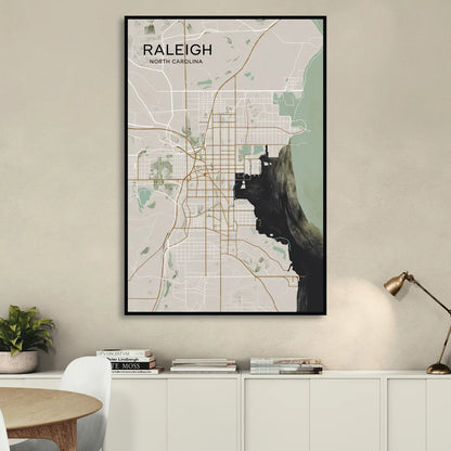 Raleigh City Map Design Living Room - Black Canvas Wall Art