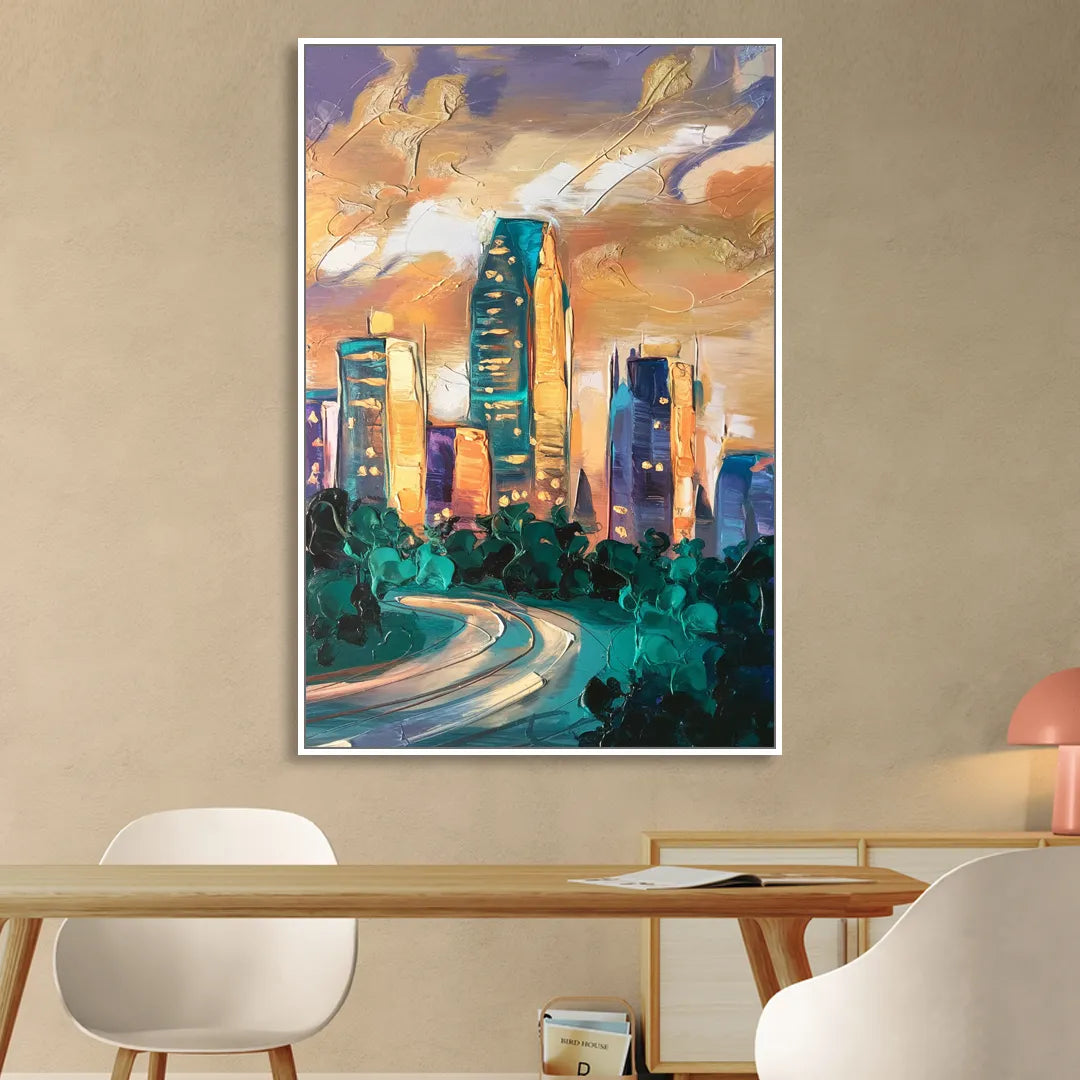 Raleigh Contemporary Cityscape Living Room - White Canvas Wall Art
